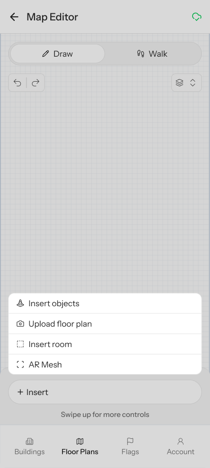 Map editor insert menu with objects, upload, room, and AR mesh options